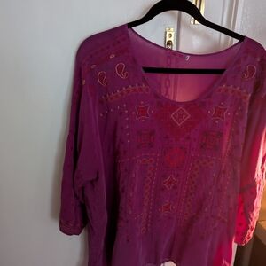 Johnny Was Pink Embellished Blouse with 3/4 Sleeves
